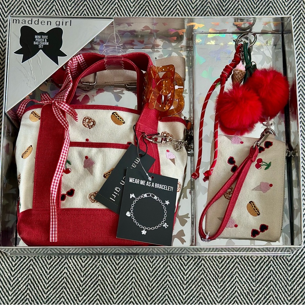 Madden Girl Red Food Mini Tote Pouch Bag Charm Hair Clip Bracelet Gift Box Set